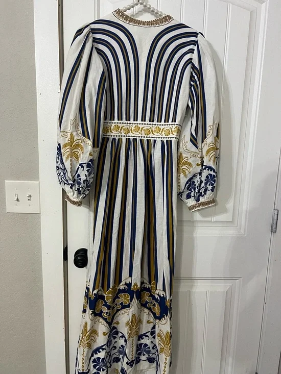 FARM Rio White Maxi Dress with Navy & Gold Stripes - Picture 5 of 5